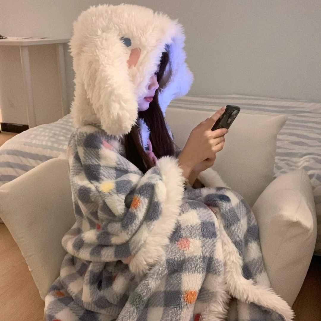 【大耳狗】冬款斗篷带袖子毛绒睡衣加厚睡衣可外穿网红时尚宽松显瘦