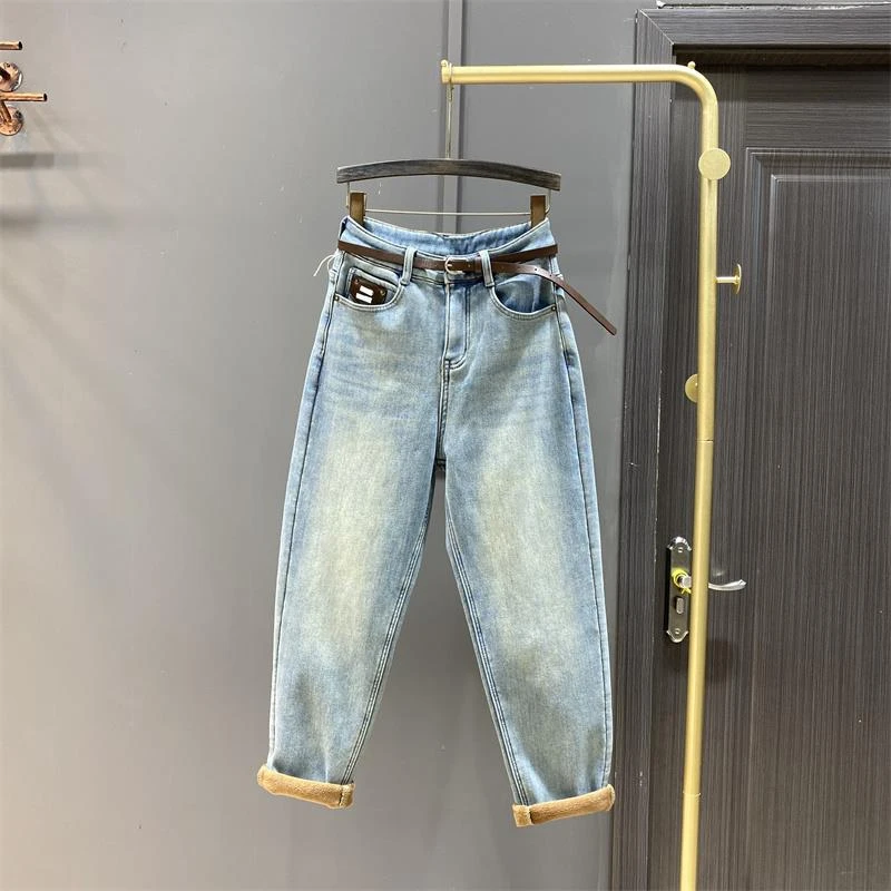 欧货浅蓝色哈伦牛仔裤女冬季加绒加厚保暖宽松显瘦高腰老爹萝卜裤