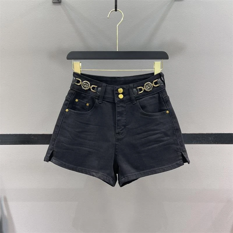欧货2025春秋金属装饰黑色牛仔短裤女高腰显瘦A字开叉阔腿热裤潮