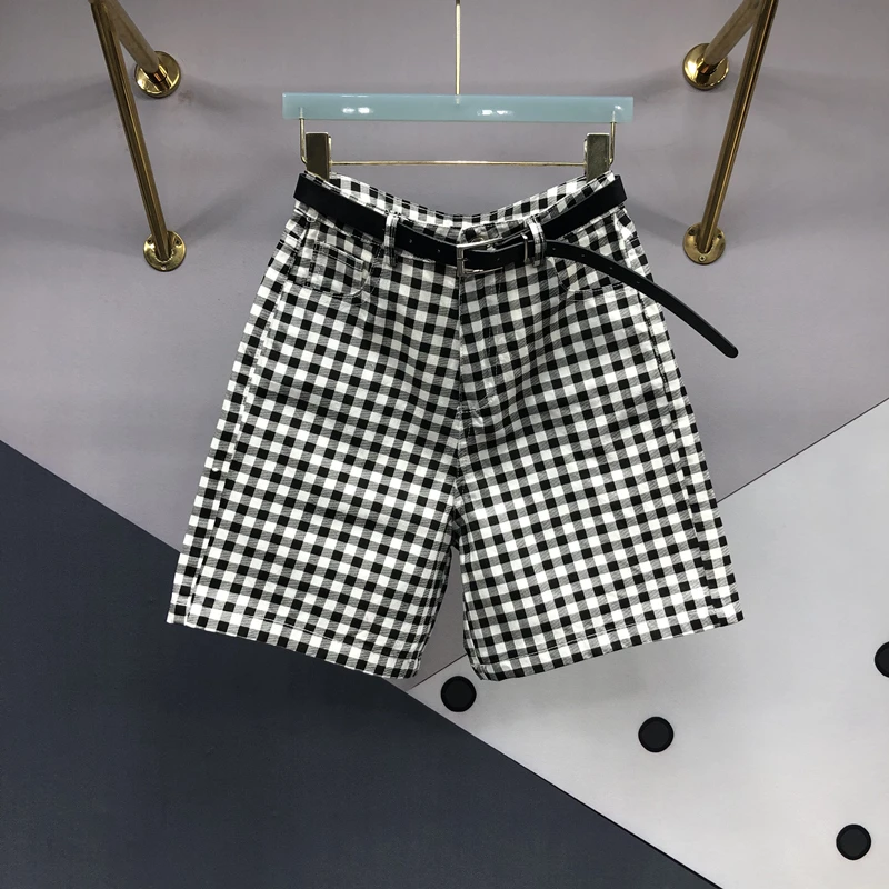 格子五分牛仔裤女2025夏季新款韩版百搭高腰显瘦直筒中裤阔腿裤潮