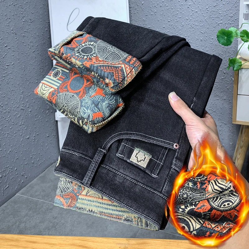 【炫彩水晶绒】N2298#冬季彩底加绒加厚保暖弹力直筒百搭刺绣牛仔裤