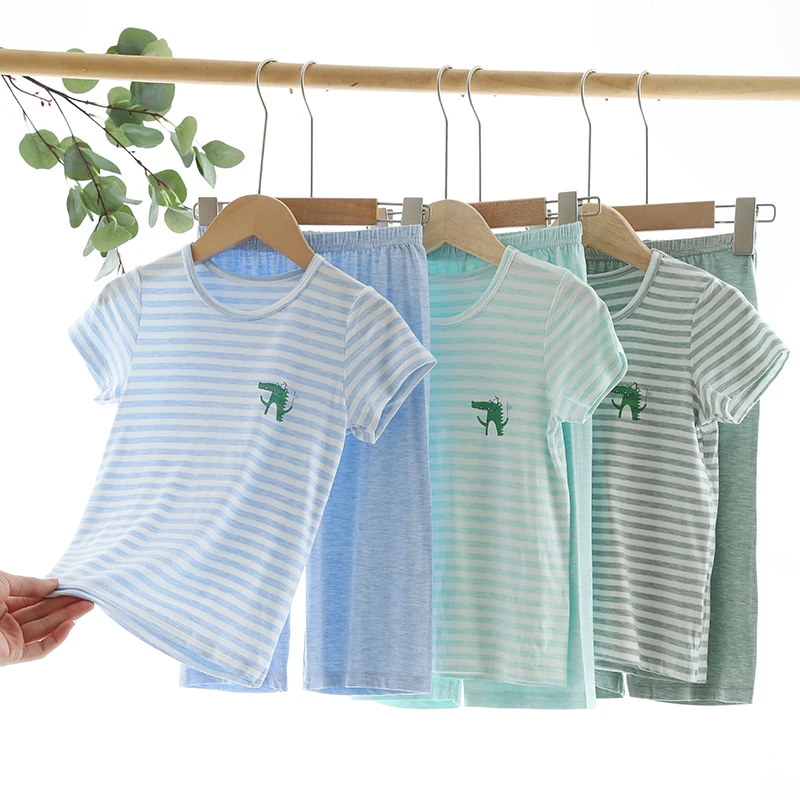 福利 儿童短袖家居服套装夏季薄款男童睡衣中大童宝宝空调服条纹