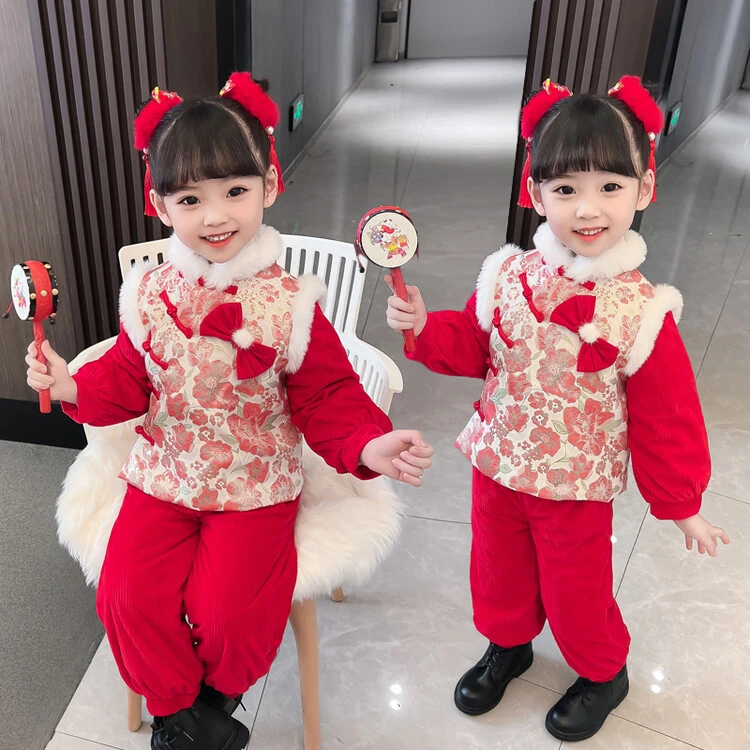 西元家-女童拜年服中国风唐装加绒加厚两件套女孩秋冬套装宝宝服
