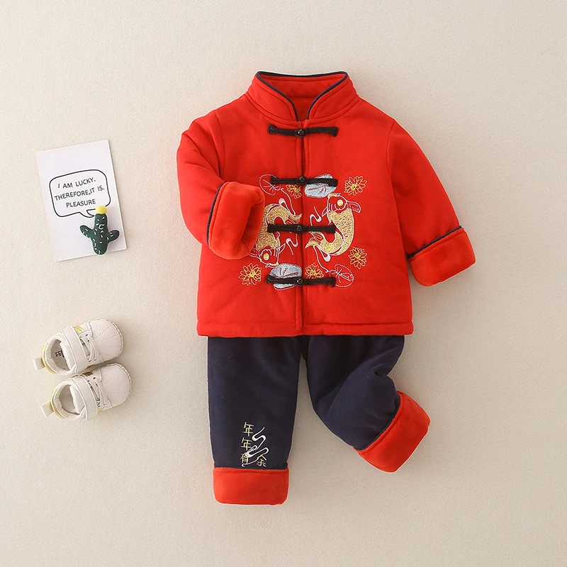 西元家-婴幼童拜年服套装新款男童中国风刺绣两件套加绒加厚衣服