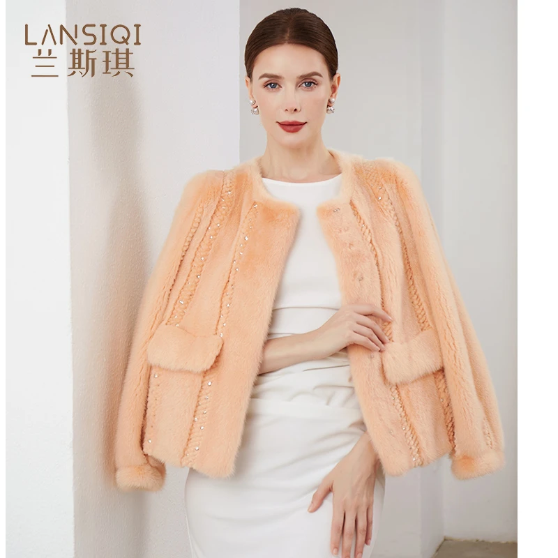 2025新款彩色貂皮大衣女进口水貂短款年轻整貂时尚圆领皮草外套冬