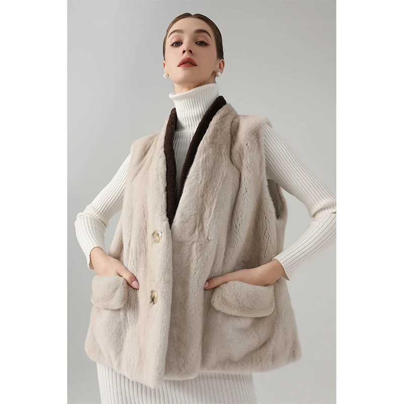 2024新款天鹅绒水貂毛皮草女整貂马甲进口貂皮大衣女领背心年轻款