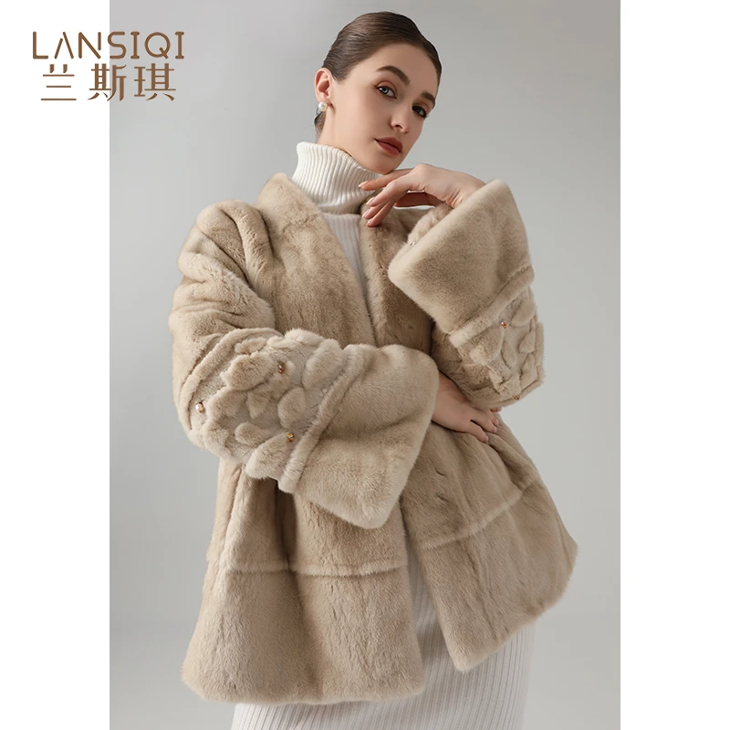 貂皮大衣女进口水貂毛皮草外套2024新款整貂剪花喇叭袖年轻款冬季