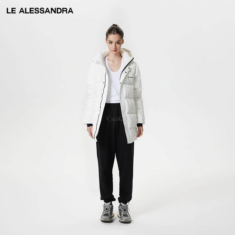品牌直营 LE ALESSANDRA 撞色宽松保暖中长款连帽羽绒服女冬季