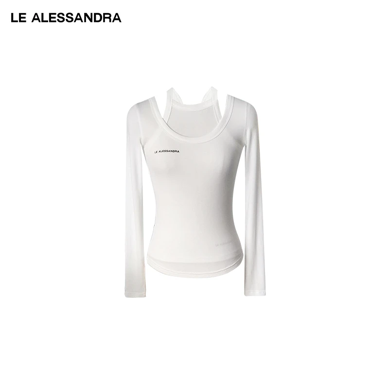 品牌直营 LE ALESSANDRA 白色U领叠穿长袖T恤打底背心两件套
