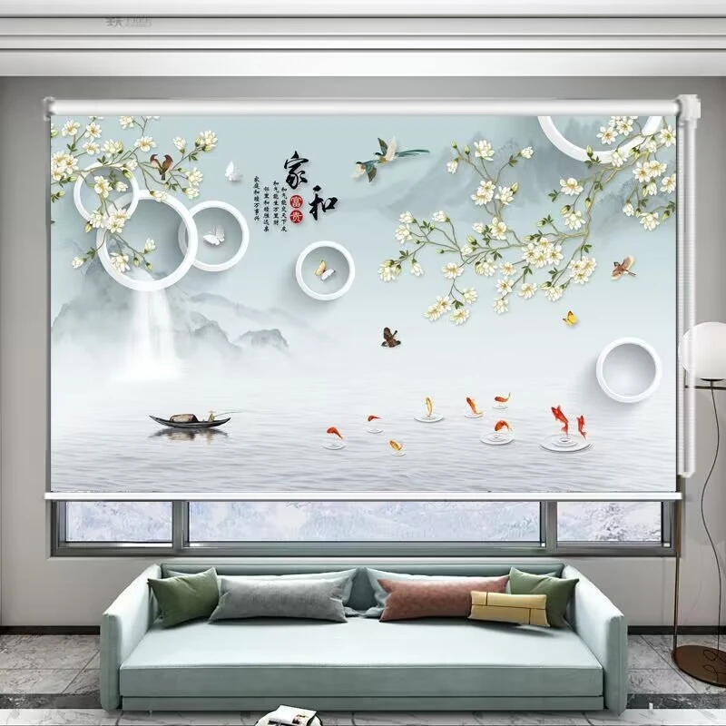卷帘窗帘新中式山水画客厅书房卧室挂画全遮光遮阳防晒卷拉式窗帘