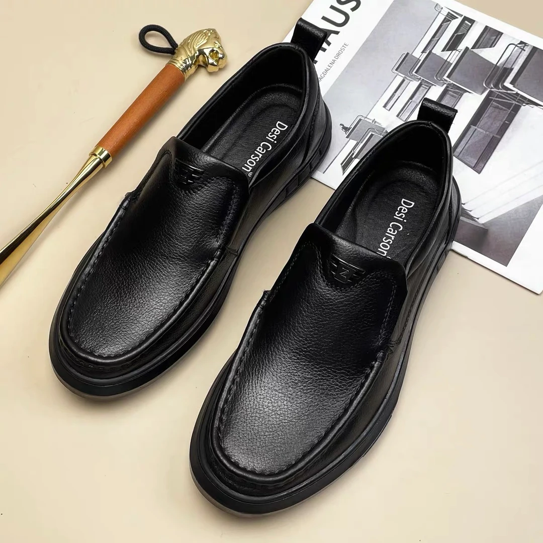 秋冬新款头层牛皮男士休闲皮鞋厚底软面软底透气真皮男鞋一脚蹬