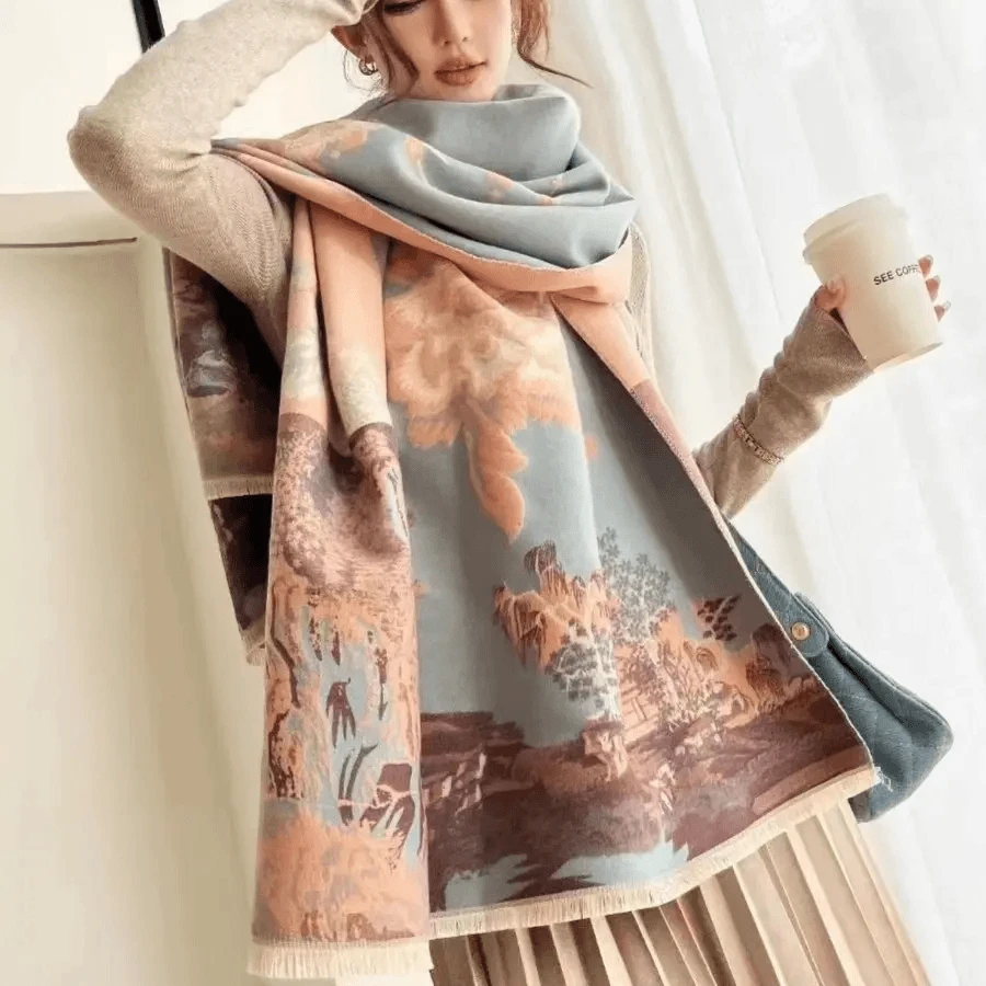 【一望江南】民族风高档双面双色秋冬旅游加大加厚保暖围巾披肩百搭