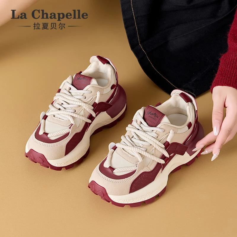 拉夏贝尔草莓熊老爹鞋女2025春冬季新款厚底运动复古拼色休闲鞋女
