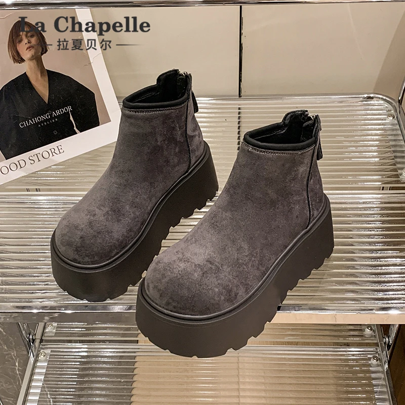 拉夏贝尔厚底高帮雪地靴女2025新款冬季加绒增高加厚后拉链棉鞋女