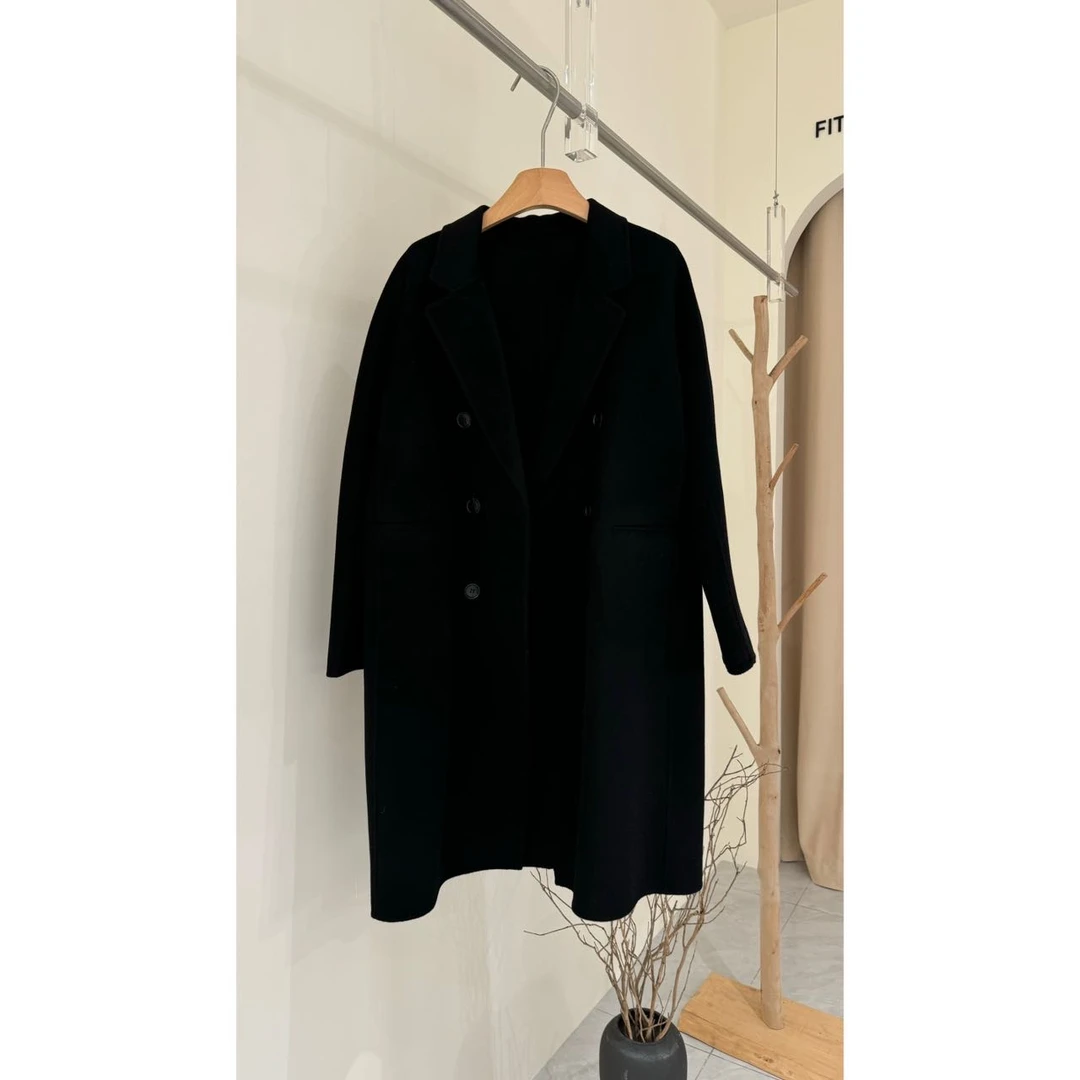 YIDA【耀黑女王】秋冬新款黑色双面呢大衣女毛呢长款外套