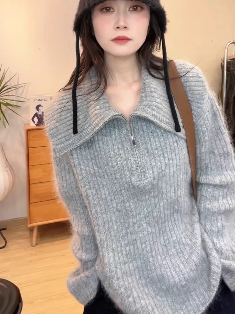 加厚羊驼长毛韩范外穿拉链针织外套女秋冬翻领毛衣上衣2024秋冬