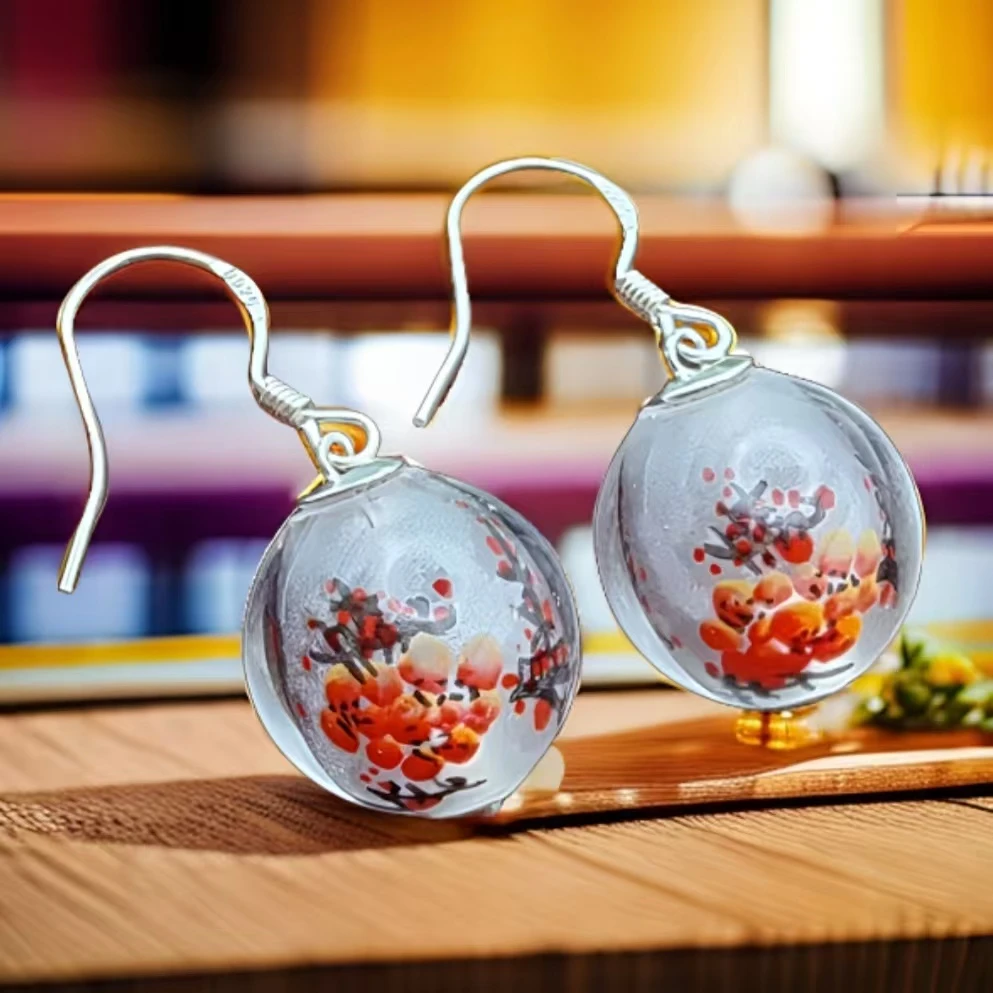 合金琉璃耳饰 短款纯手工绘画925银复古宫廷耳坠女款气质时尚