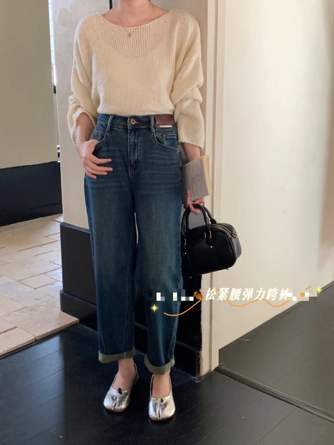 早秋新款宽松百搭高腰松紧显瘦老爹裤