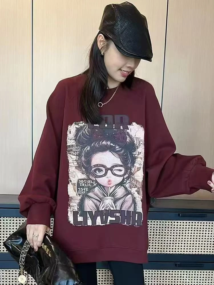秋季宽松中长款卡通字母长袖圆领卫衣