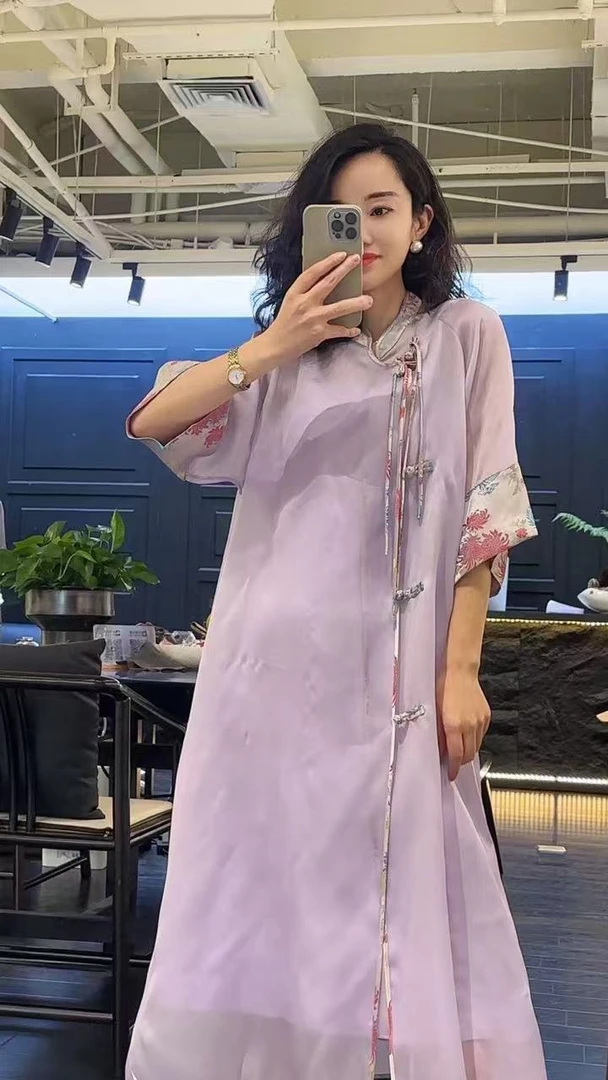 【清平调高定拼有凤来仪桑蚕丝宋锦桑蚕丝欧根缎新中式连衣裙袍子】