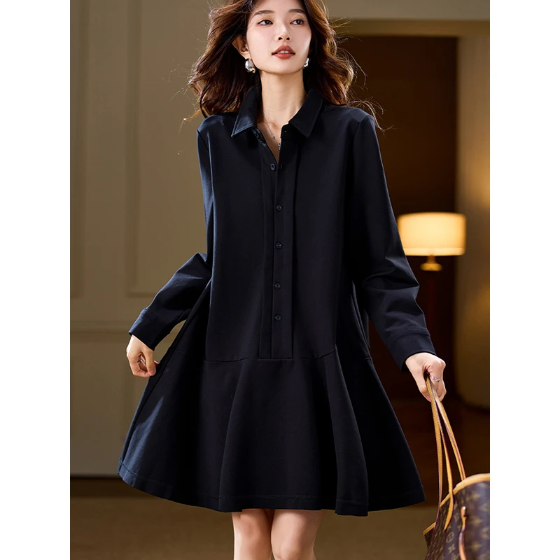 法式休闲翻领连衣裙女2025春秋新款大码高级感宽松显瘦鱼尾中长裙