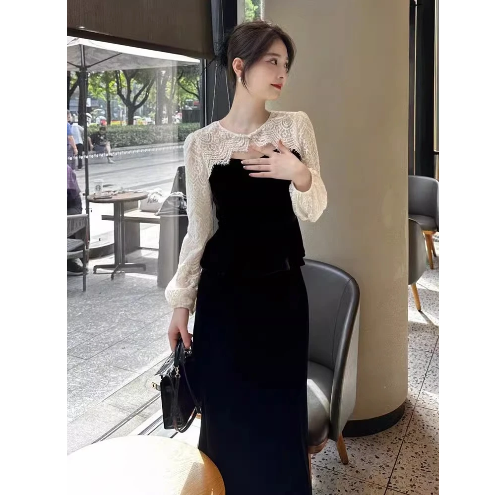 蕾丝拼接上衣长袖衬衫女春秋新款设计感中高腰气质显瘦半身裙套装