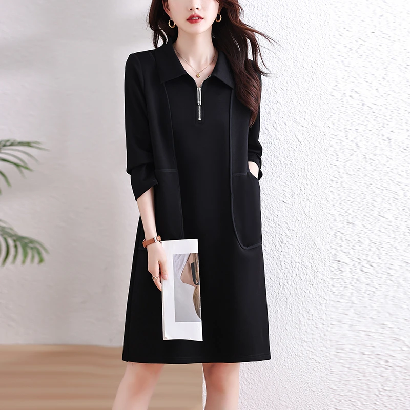 法式高级感黑色连衣裙女2025春秋新款大码宽松显瘦时尚简约中长裙