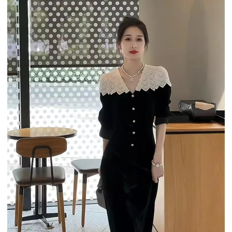 欧洲站春秋女2025年新款女法式赫本风气质长裙黑色大码长袖连衣裙