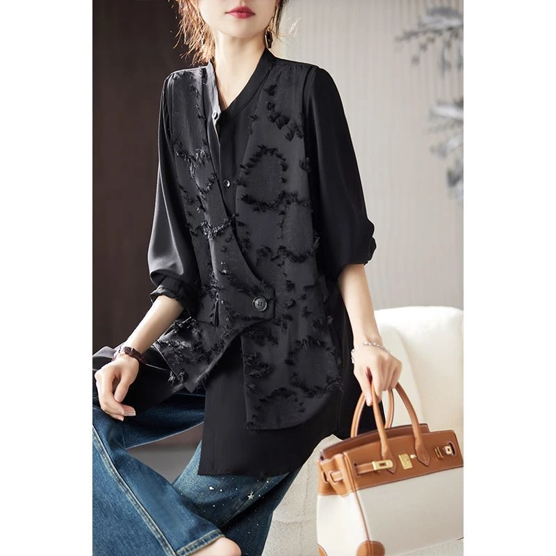 法式假两件复古衬衫女中长款2025春秋新款大码设计感休闲宽松上衣