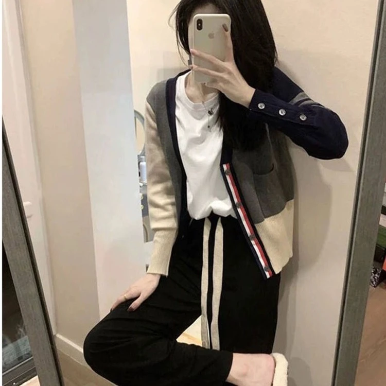 tb学院风开衫针织外套女2025秋冬新款条纹撞色四条杠薄款宽松毛衣