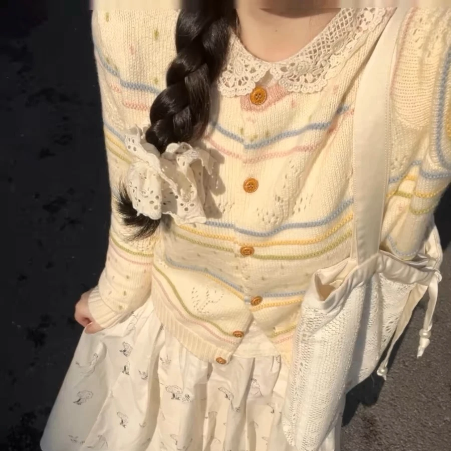 撞色条纹圆领针织开衫外套女款春秋温柔风甜美减龄设计感镂空上衣