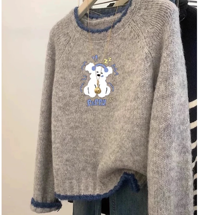 灰色小狗印花正肩针织衫2024秋冬新款内搭毛衣独特别致超好看上衣