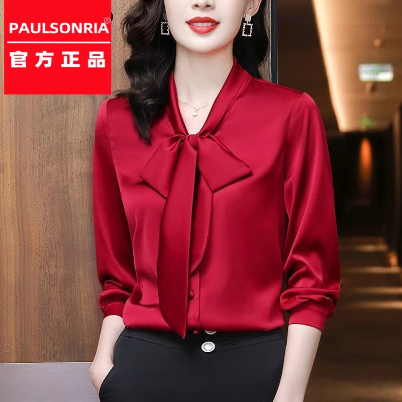 保罗服红色气质蝴蝶结飘带洋气百搭衬衫女士长袖春季新款雪纺衬衣