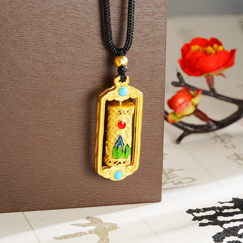 铜合金吊坠 沙金如意转经筒项链珐琅彩铜合金首饰品不掉色吊坠