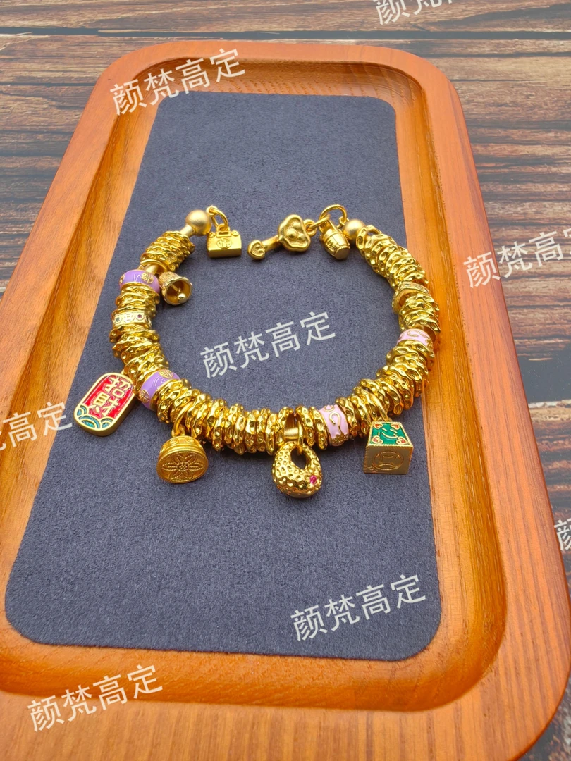 铜合金手链 手工编织珐琅彩女古法金色招财纳福盘缠手链钱串手镯