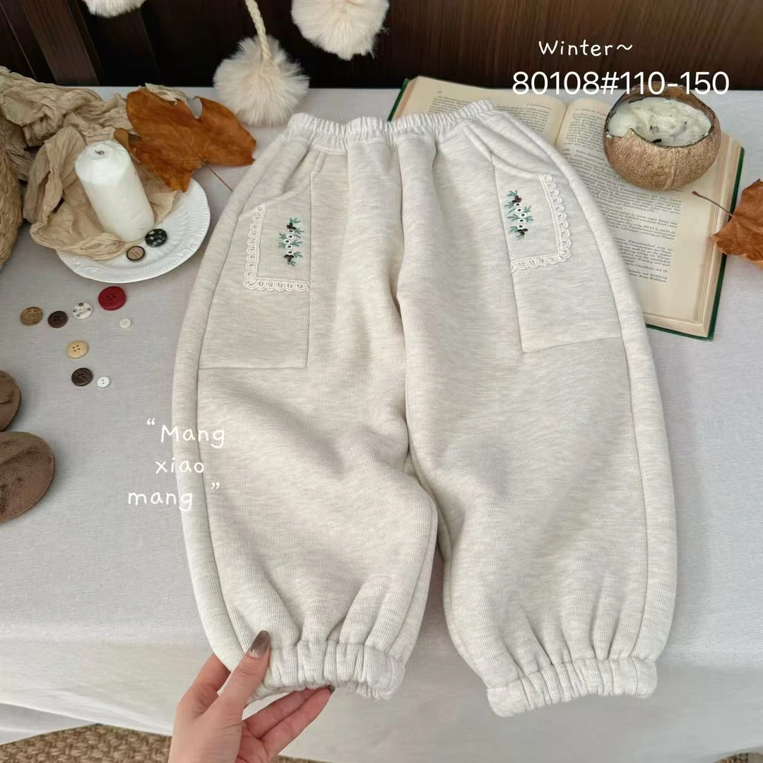 【冬 加厚绒】800108（米色）裤子 女童简约百搭  口袋蕾丝刺绣裤子