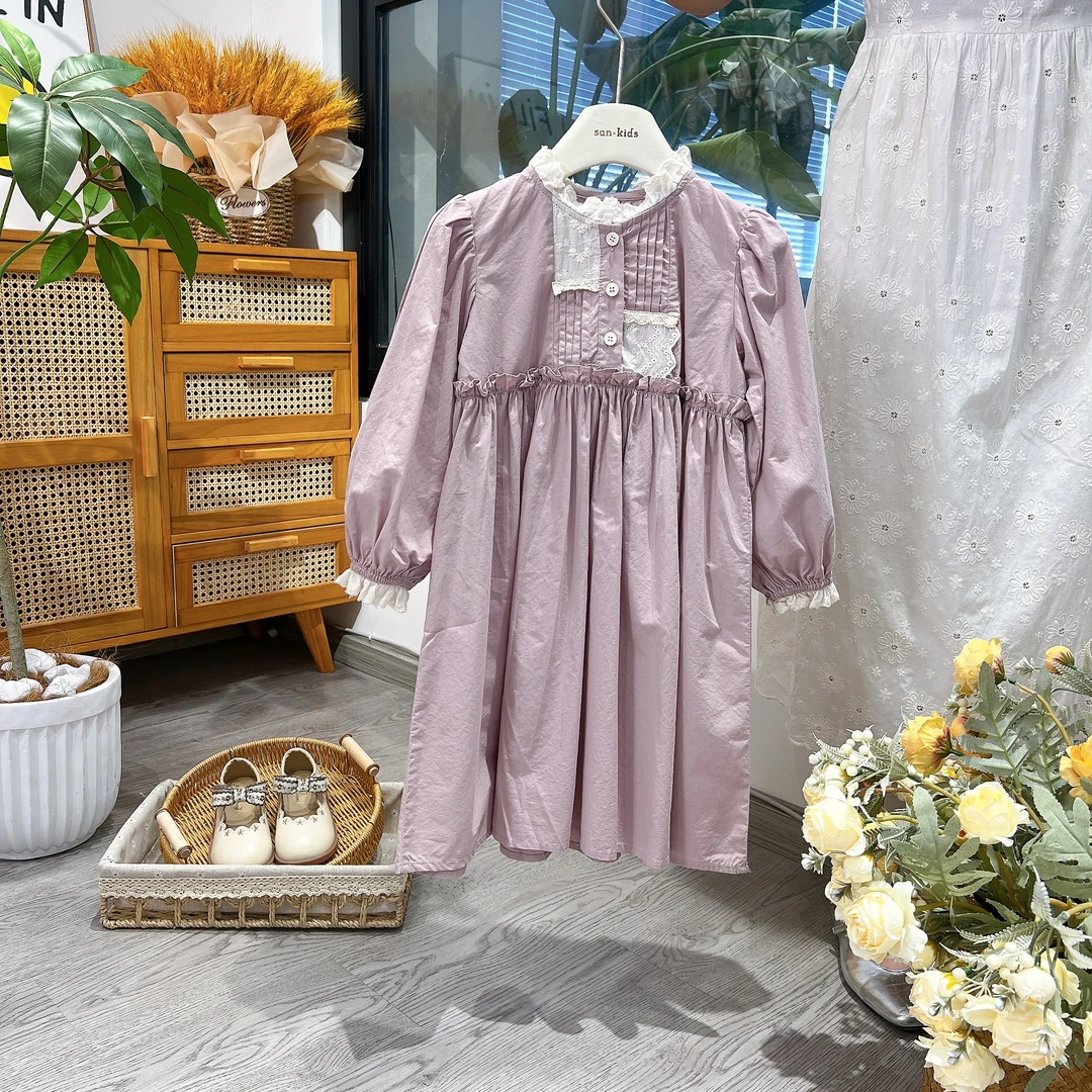 【大福利 棉布】24092 连衣裙 香芋紫蕾丝花边领 长袖连衣裙