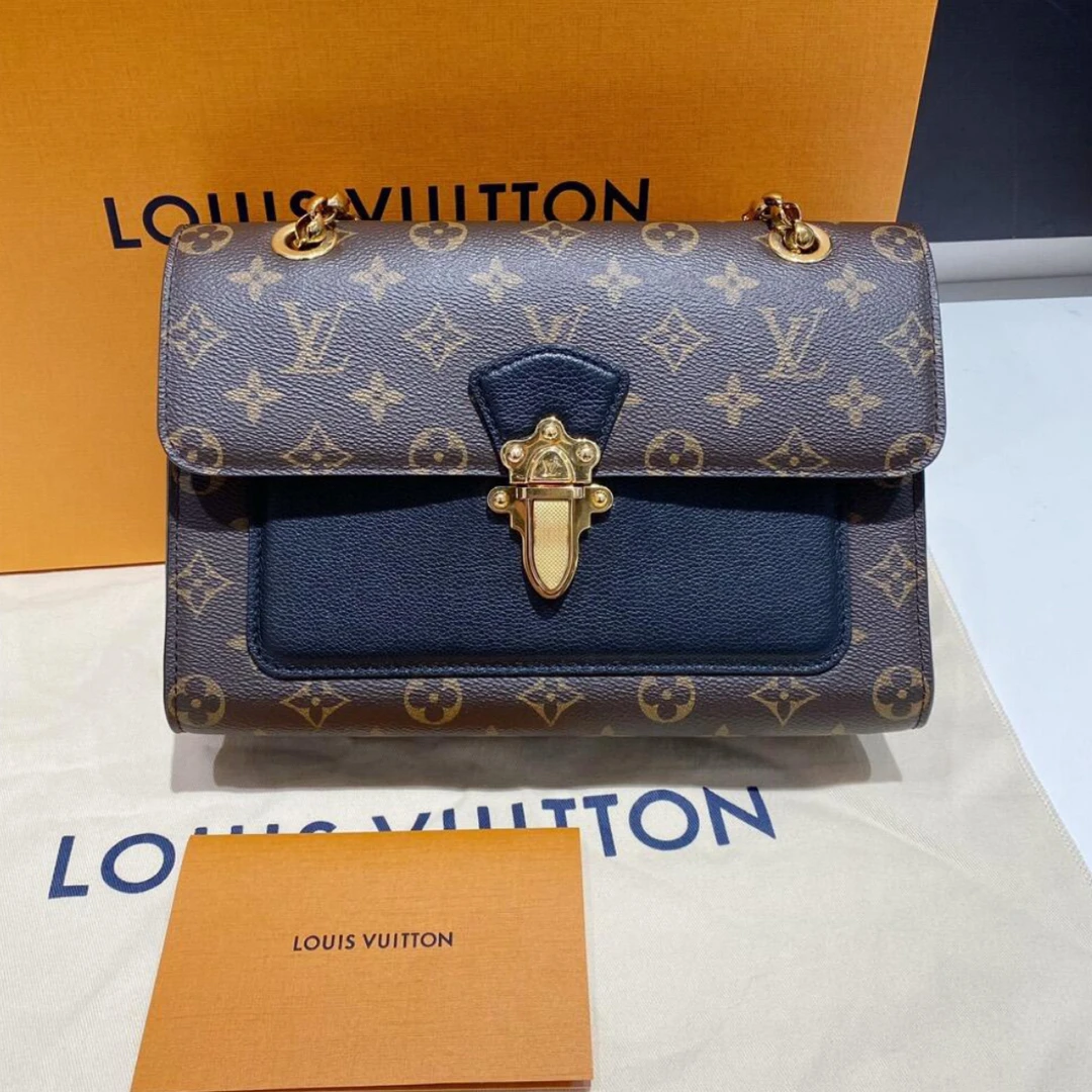 95新 LouisVuitton/路易威登 黑色维多利亚老花拼黑色链条包-1095