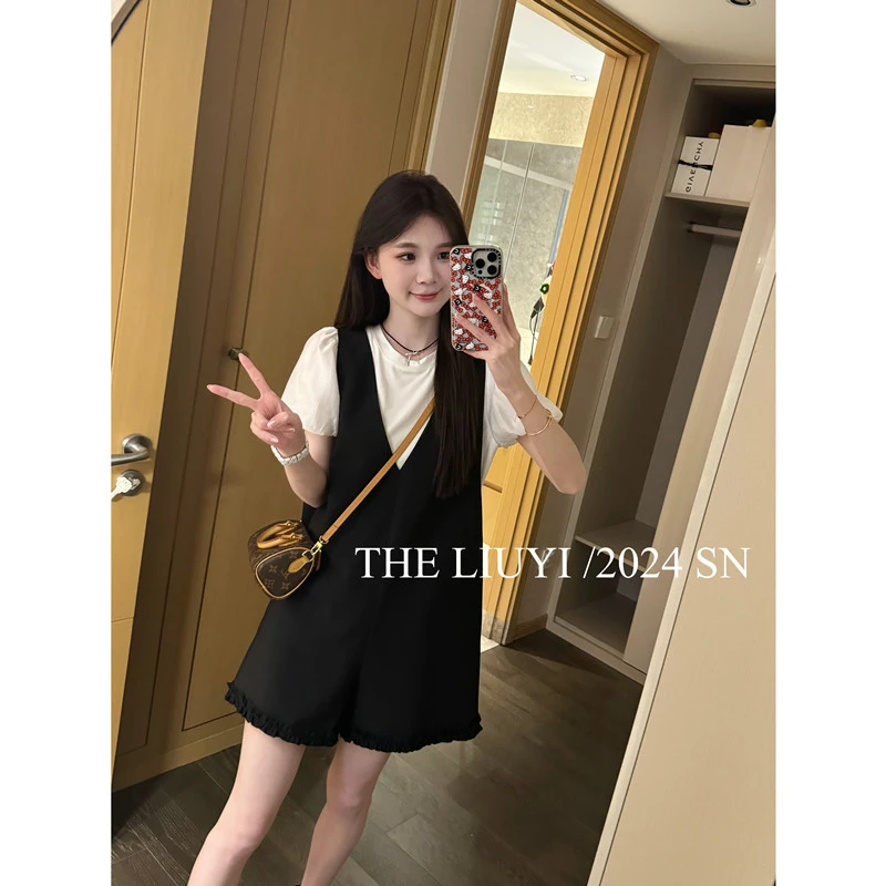【LIUYI】告白气球套装～花苞袖T恤+减龄背带西装短裤46096