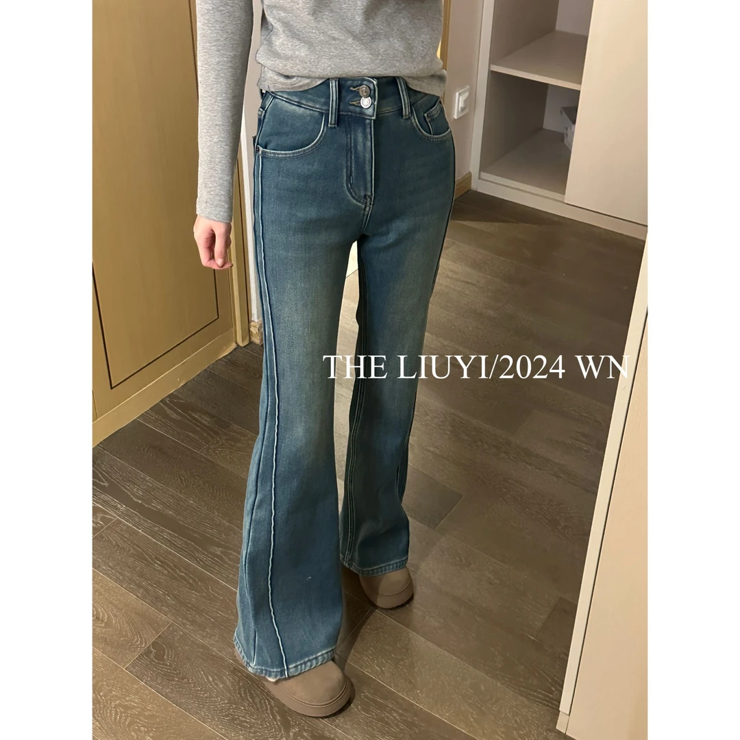 【LIUYI】建模腿~冬季加绒高腰牛仔喇叭裤411076