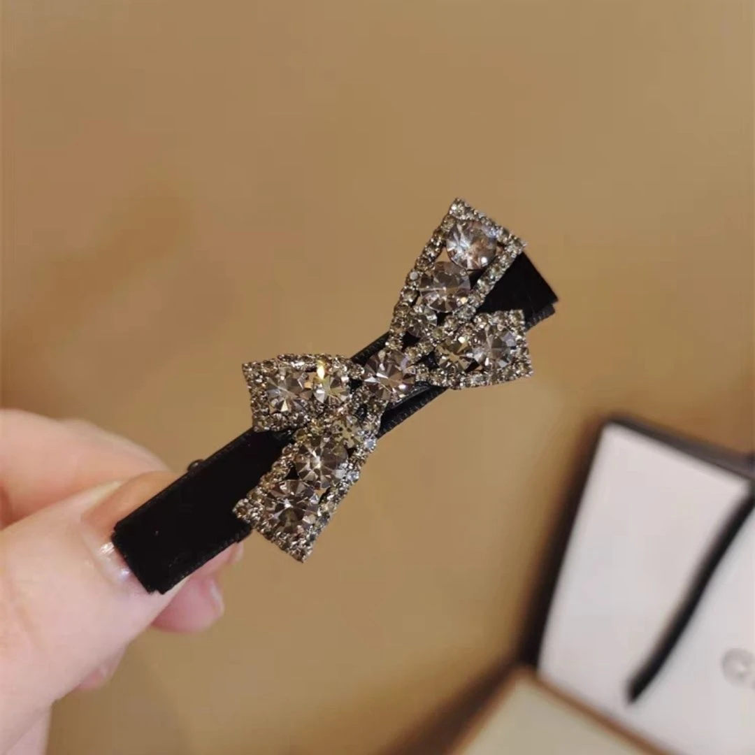 黑色丝绒发夹满钻轻奢风蝴蝶结边夹网红闪亮镶钻刘海侧边夹鸭嘴夹