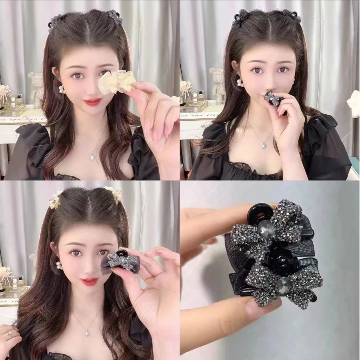 精致满钻蝴蝶结网纱小抓夹黑色香槟双面刘海夹网红公主发饰