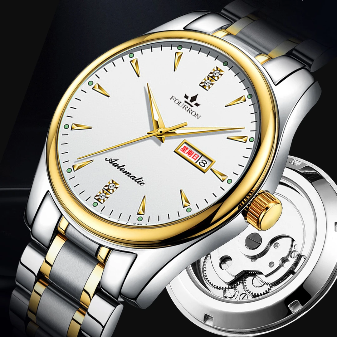 1高端透底双日历镂空防水时尚强夜光钢带蝴蝶双按扣男士手表1