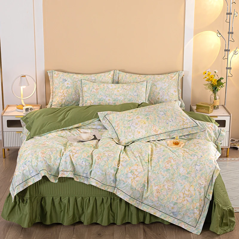 纯棉数码印花四件套床盖款全棉四季款大气简约风家纺床上用品高端