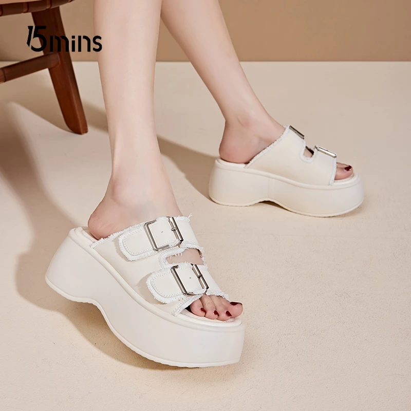 15mins厚底凉鞋女夏2024年新款粗跟高跟凉拖鞋一脚蹬懒人沙滩凉鞋