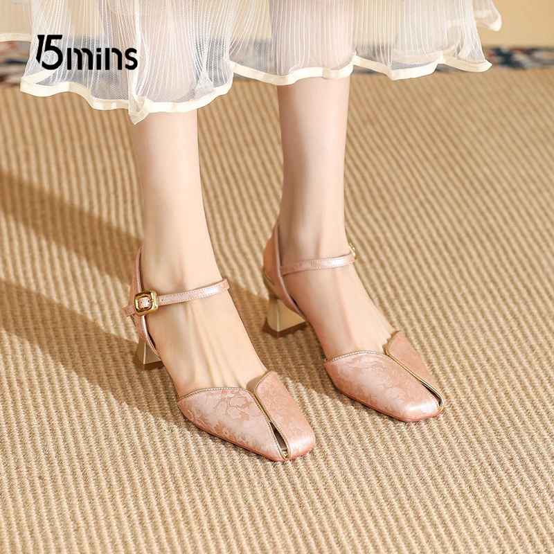 15mins高跟鞋粗跟百搭包头凉鞋气质单鞋新中式镂空一字带方头方跟