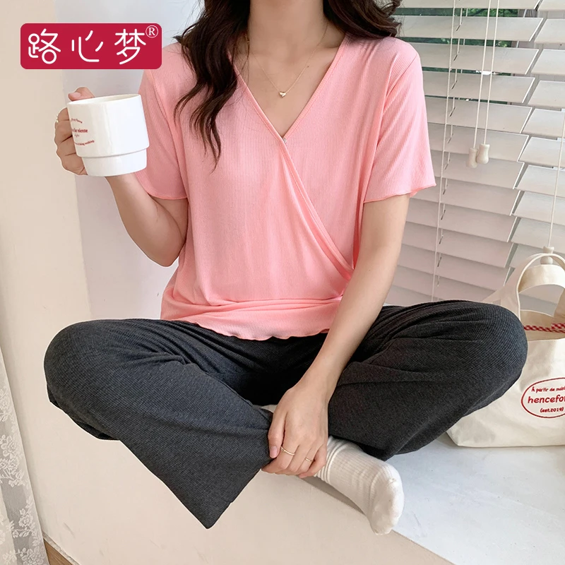 路心梦产后月子服外出短袖夏季薄款产后妈妈喂奶孕妇睡衣舒适居家