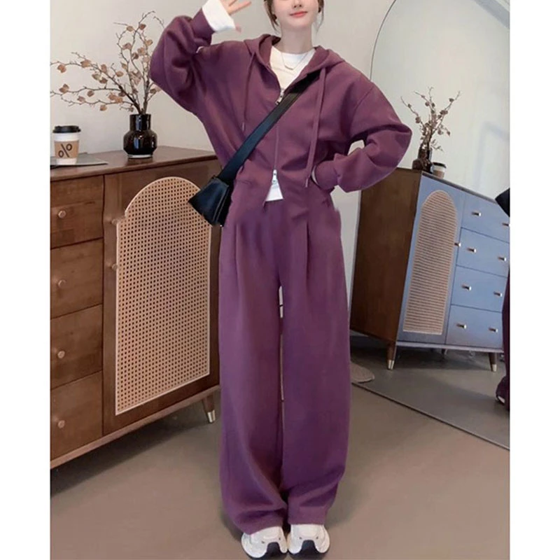 2024秋冬新款高级感时尚百搭套装女士开衫连帽外套阔腿显瘦两件套