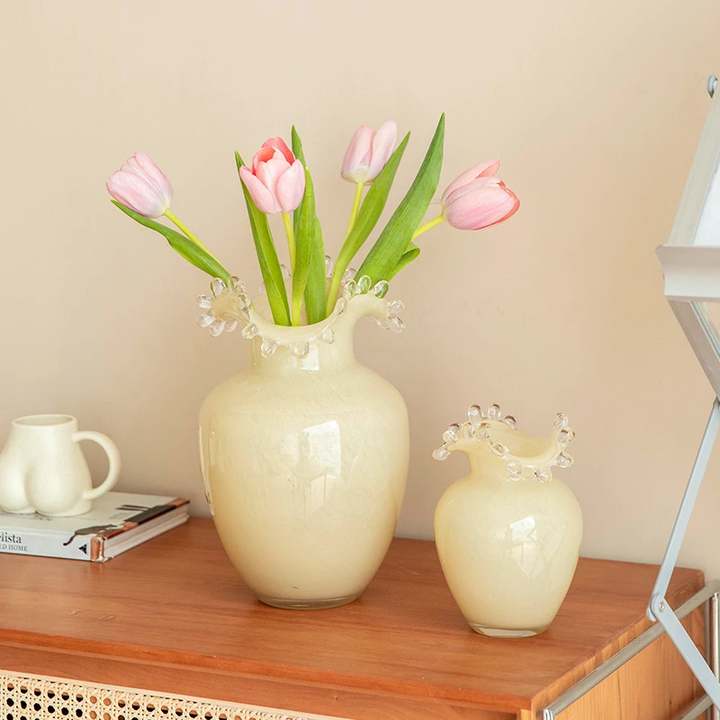 中古奶油轻奢ins风玻璃花瓶珍珠波浪口玫瑰鲜花餐桌家居客厅小