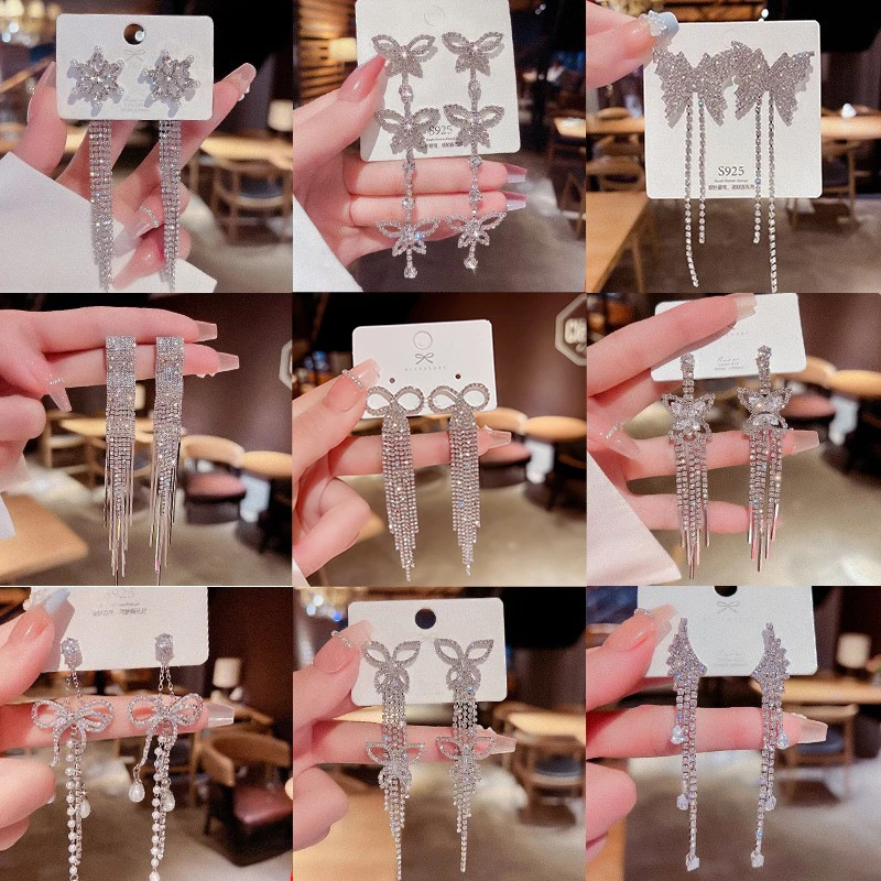 足银玻璃耳饰 流苏流苏珠光宝气耳饰